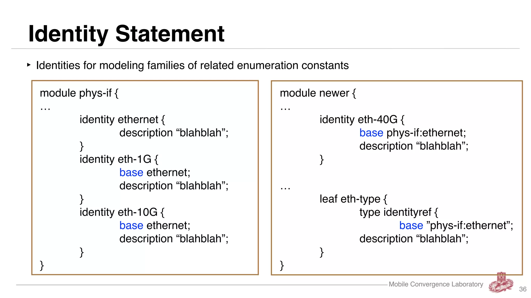 Mobile Convergence LaboratoryMobile Convergence Laboratory
‣ hardware 같은 조건들을 mark 하여준다. 한다.
feature has-local-disk {
description
“System has a local file system
that can be used for storing log files”;
}
container system {
container logging {
if-feature has-local-disk;
presence “Logging enabled”;
leaf buffer-size {
type filesize;
}
}
}
36
Feature Statement
 