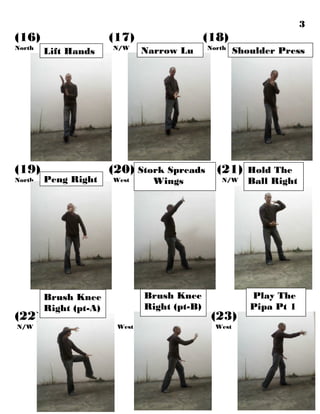 Hold The
Ball Right
Brush Knee
Right (pt-B)
(16) (17) (18)
North N/W North
(19) (20) (21)
North West N/W
(22) (23)
N/W West West
3
Stork Spreads
Wings
Narrow LuLift Hands
Brush Knee
Right (pt-A)
Shoulder Press
Peng Right
Play The
Pipa Pt 1
 