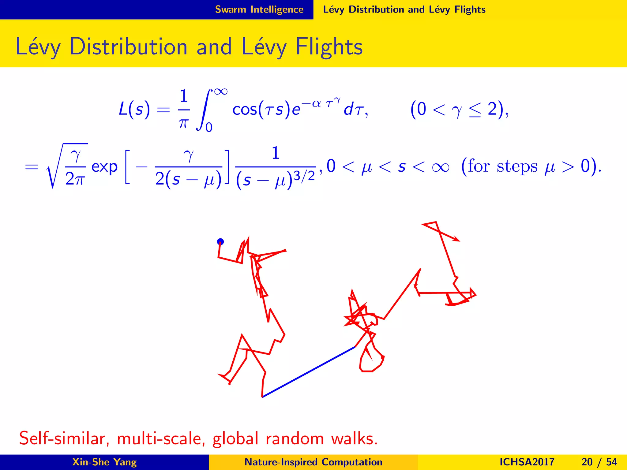 Swarm Intelligence L´evy Distribution and L´evy Flights
L´evy Distribution and L´evy Flights
L(s) =
1
π
∞
0
cos(τs)e−α τγ
dτ, (0 < γ ≤ 2),
=
γ
2π
exp −
γ
2(s − µ)
1
(s − µ)3/2
, 0 < µ < s < ∞ (for steps µ > 0).
s
Self-similar, multi-scale, global random walks.
Xin-She Yang Nature-Inspired Computation ICHSA2017 20 / 54
 
