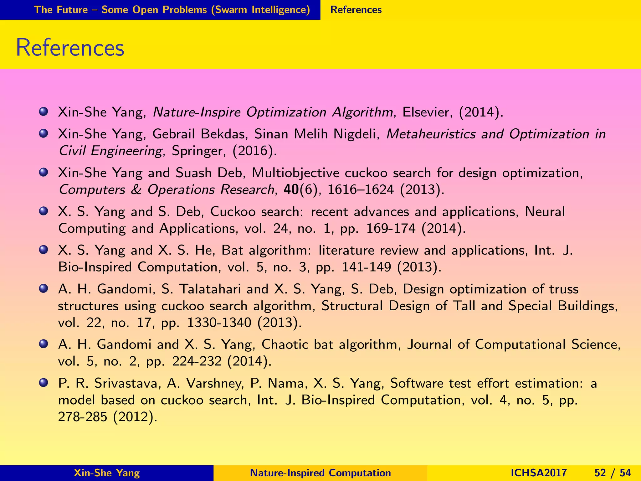 The Future – Some Open Problems (Swarm Intelligence) References
References
Xin-She Yang, Nature-Inspire Optimization Algorithm, Elsevier, (2014).
Xin-She Yang, Gebrail Bekdas, Sinan Melih Nigdeli, Metaheuristics and Optimization in
Civil Engineering, Springer, (2016).
Xin-She Yang and Suash Deb, Multiobjective cuckoo search for design optimization,
Computers & Operations Research, 40(6), 1616–1624 (2013).
X. S. Yang and S. Deb, Cuckoo search: recent advances and applications, Neural
Computing and Applications, vol. 24, no. 1, pp. 169-174 (2014).
X. S. Yang and X. S. He, Bat algorithm: literature review and applications, Int. J.
Bio-Inspired Computation, vol. 5, no. 3, pp. 141-149 (2013).
A. H. Gandomi, S. Talatahari and X. S. Yang, S. Deb, Design optimization of truss
structures using cuckoo search algorithm, Structural Design of Tall and Special Buildings,
vol. 22, no. 17, pp. 1330-1340 (2013).
A. H. Gandomi and X. S. Yang, Chaotic bat algorithm, Journal of Computational Science,
vol. 5, no. 2, pp. 224-232 (2014).
P. R. Srivastava, A. Varshney, P. Nama, X. S. Yang, Software test eﬀort estimation: a
model based on cuckoo search, Int. J. Bio-Inspired Computation, vol. 4, no. 5, pp.
278-285 (2012).
Xin-She Yang Nature-Inspired Computation ICHSA2017 52 / 54
 