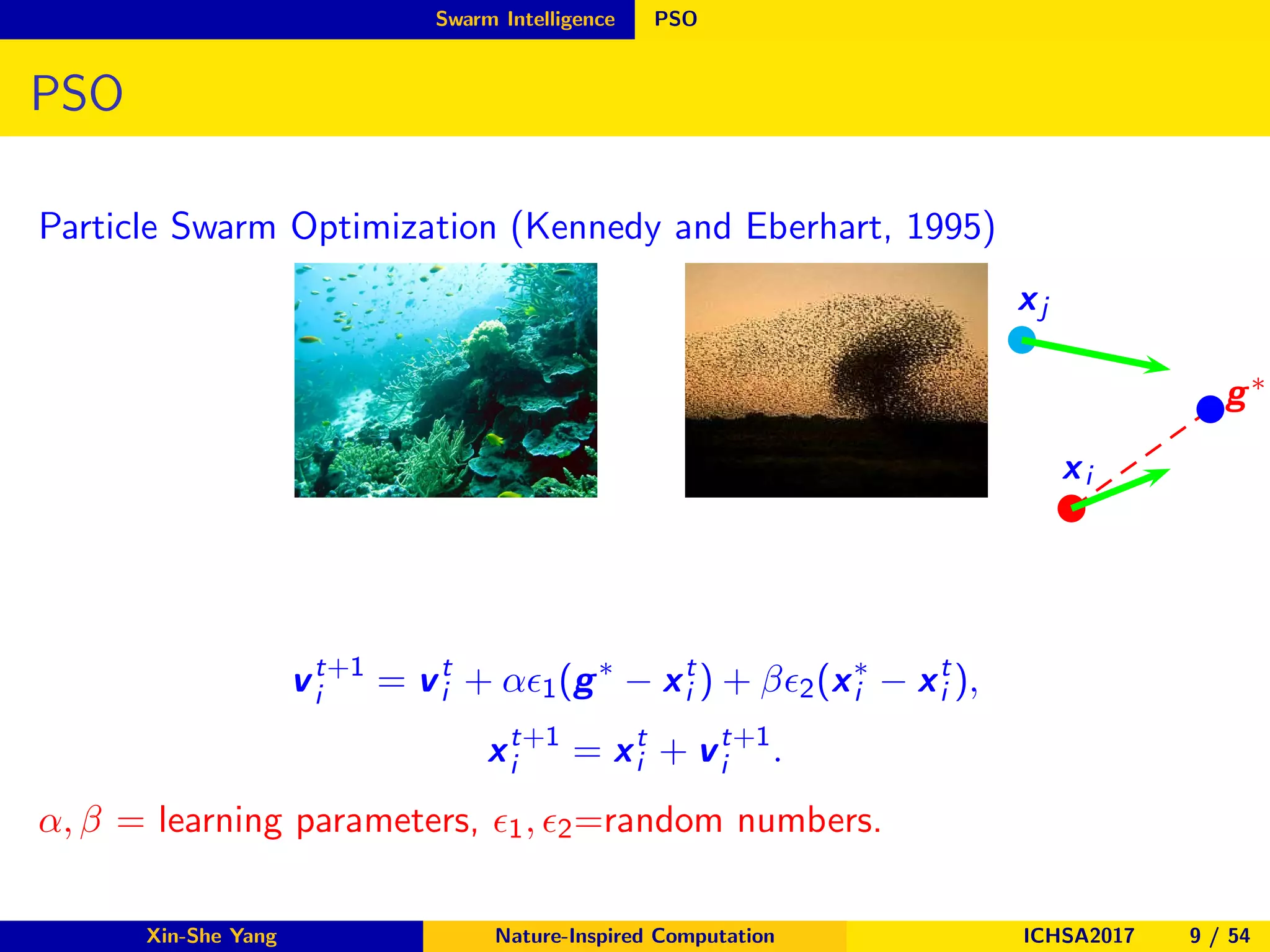 Swarm Intelligence PSO
PSO
Particle Swarm Optimization (Kennedy and Eberhart, 1995)
xi
g∗
xj
vt+1
i = vt
i + αǫ1(g∗
− xt
i ) + βǫ2(x∗
i − xt
i ),
xt+1
i = xt
i + vt+1
i .
α, β = learning parameters, ǫ1, ǫ2=random numbers.
Xin-She Yang Nature-Inspired Computation ICHSA2017 9 / 54
 