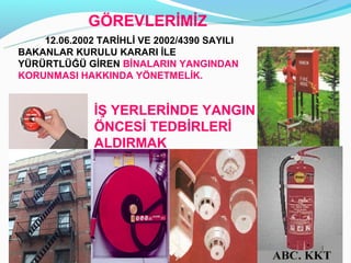 Ö鷡ճİİ
    12.06.2002 TARİHLİ VE 2002/4390 SAYILI
BAKANLAR KURULU KARARI İLE
YÜRÜRTLÜĞÜ GİREN BİNALARIN YANGINDAN
KORUNMASI HAKKINDA YÖNETMELİK.


              İŞ YERLERİNDE YANGIN
              ÖNCESİ TEDBİRLERİ
              ALDIRMAK
 
