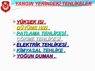 YANGIN YERİNDEKİ TEHLİKELER


YÜKSEK ISI .
BÜYÜME HIZI .
PATLAMA TEHLİKESİ .
ÇÖKME TEHLİKESİ .
ELEKTRİK TEHLİKESİ .
KİMYASAL TEHLİKE .
YOĞUN DUMAN .
 