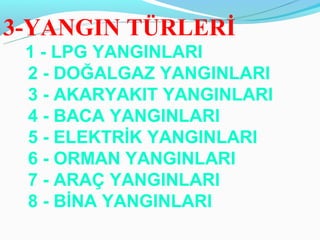 3-YANGIN TÜRLERİ
 1 - LPG YANGINLARI
 2 - DOĞALGAZ YANGINLARI
 3 - AKARYAKIT YANGINLARI
 4 - BACA YANGINLARI
 5 - ELEKTRİK YANGINLARI
 6 - ORMAN YANGINLARI
 7 - ARAÇ YANGINLARI
 8 - BİNA YANGINLARI
 