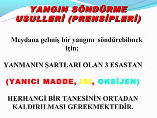 YANGIN SÖNDÜRME
  USULLERİ (P REN SİPLERİ)

 Meydana gelmiş bir yangını söndürebilmek
                 için;

YANMANIN ŞARTLARI OLAN 3 ESASTAN

(YANICI MADDE, ISI, OKSİJEN)

HERHANGİ BİR TANESİNİN ORTADAN
 KALDIRILMASI GEREKMEKTEDİR.
 