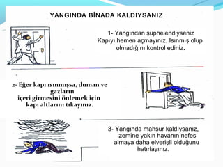 YANGINDA BİNADA KALDIYSANIZ

                               1- Yangından şüphelendiyseniz
                            Kapıyı hemen açmayınız. Isınmış olup
                                   olmadığını kontrol ediniz.




2- Eğer kapı ısınmışsa, duman ve
              gazların
  içeri girmesini önlemek için
     kapı altlarını tıkayınız.


                                   3- Yangında mahsur kaldıysanız,
                                       zemine yakın havanın nefes
                                     almaya daha elverişli olduğunu
                                             hatırlayınız.
 