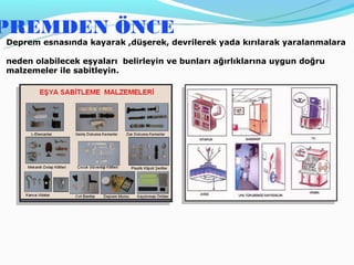 PREMDEN ÖNCE
Deprem esnasında kayarak ,düşerek, devrilerek yada kırılarak yaralanmalara

neden olabilecek eşyaları belirleyin ve bunları ağırlıklarına uygun doğru
malzemeler ile sabitleyin.
 