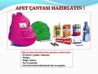 AFET ÇANTASI HAZIRLAYIN !


   Afet
  Çantası




  Afet çantasında bulunması gereken malzemeler;
  • El feneri ( yedek batarya),
  • Radyo,
  • Kağıt, kalem,
  • Su ve yiyecek,
  • Acil durumda kullanılacak ilaç ve eşyalar.
 