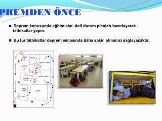 PREMDEN ÖNCE
  Deprem konusunda eğitim alın. Acil durum planları hazırlayarak
  tatbikatlar yapın.

  Bu tür tatbikatlar deprem esnasında daha sakin olmanızı sağlayacaktır.
 