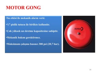 MOTOR GONG
39
•Su etkisi ile mekanik alarm verir.
•¾” pislik tutucu ile birlikte kullanılır.
•Çok yüksek ses üretme kapasitesine sahiptir.
•Mekanik bakım gerektirmez.
•Maksimum çalışma basıncı 300 psi (20,7 bar).
 