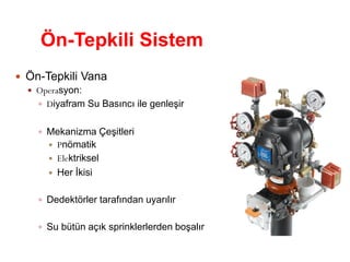 Ön-Tepkili Sistem
 Ön-Tepkili Vana
 Operasyon:
 Diyafram Su Basıncı ile genleşir
 Mekanizma Çeşitleri
 Pnömatik
 Elektriksel
 Her İkisi
 Dedektörler tarafından uyarılır
 Su bütün açık sprinklerlerden boşalır
 