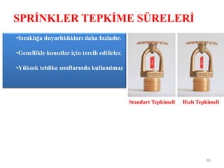 SPRİNKLER TEPKİME SÜRELERİ
65
•Sıcaklığa duyarlıklıkları daha fazladır.
•Genellikle konutlar için tercih edilirler.
•Yüksek tehlike sınıflarında kullanılmaz
Hızlı TepkimeliStandart Tepkimeli
 