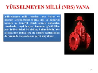 YÜKSELMEYEN MİLLİ (NRS) VANA
74
Yükselmeyen milli vanalar; ana hatlar ve
hidrant sistemlerinde toprak altı su hatlarını
kesmek ve kontrol etmek amaçlı kullanılan
vanalardır. Açık/Kapalı konumu görülebilen
post indikatörleri ile birlikte kullanılabilir. Yer
altında post indikatörü ile birlikte kullanılması
durumunda vana odasına gerek duyulmaz.
 