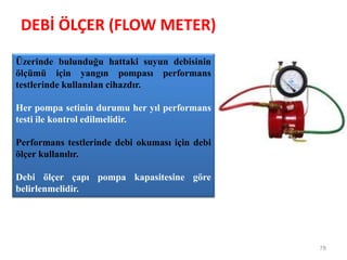 DEBİ ÖLÇER (FLOW METER)
78
Üzerinde bulunduğu hattaki suyun debisinin
ölçümü için yangın pompası performans
testlerinde kullanılan cihazdır.
Her pompa setinin durumu her yıl performans
testi ile kontrol edilmelidir.
Performans testlerinde debi okuması için debi
ölçer kullanılır.
Debi ölçer çapı pompa kapasitesine göre
belirlenmelidir.
 