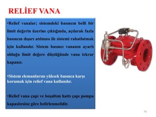 RELİEF VANA
79
•Relief vanalar; sistemdeki basıncın belli bir
limit değerin üzerine çıktığında, açılarak fazla
basıncın dışarı atılması ile sistemi rahatlatmak
için kullanılır. Sistem basıncı vananın ayarlı
olduğu limit değere düştüğünde vana tekrar
kapanır.
•Sistem elemanlarını yüksek basınca karşı
korumak için relief vana kullanılır.
•Relief vana çapı ve boşaltım hattı çapı pompa
kapasitesine göre belirlenmelidir.
 