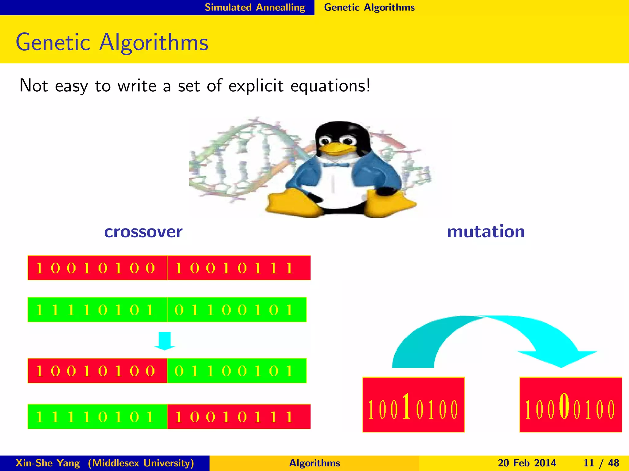 Simulated Annealling

Genetic Algorithms

Genetic Algorithms
Not easy to write a set of explicit equations!

crossover

Xin-She Yang (Middlesex University)

mutation

Algorithms

20 Feb 2014

11 / 48

 
