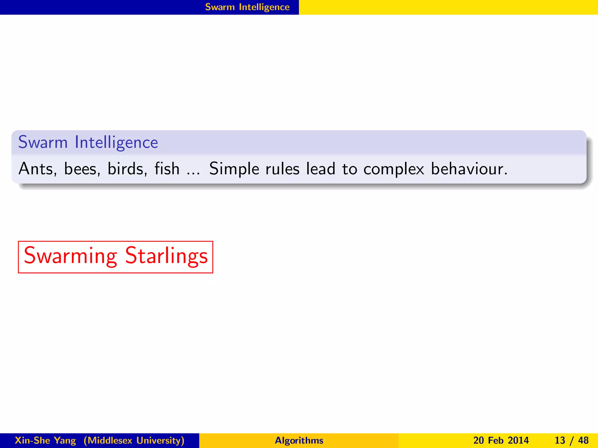 Swarm Intelligence

Swarm Intelligence
Ants, bees, birds, ﬁsh ... Simple rules lead to complex behaviour.

Swarming Starlings

Xin-She Yang (Middlesex University)

Algorithms

20 Feb 2014

13 / 48

 