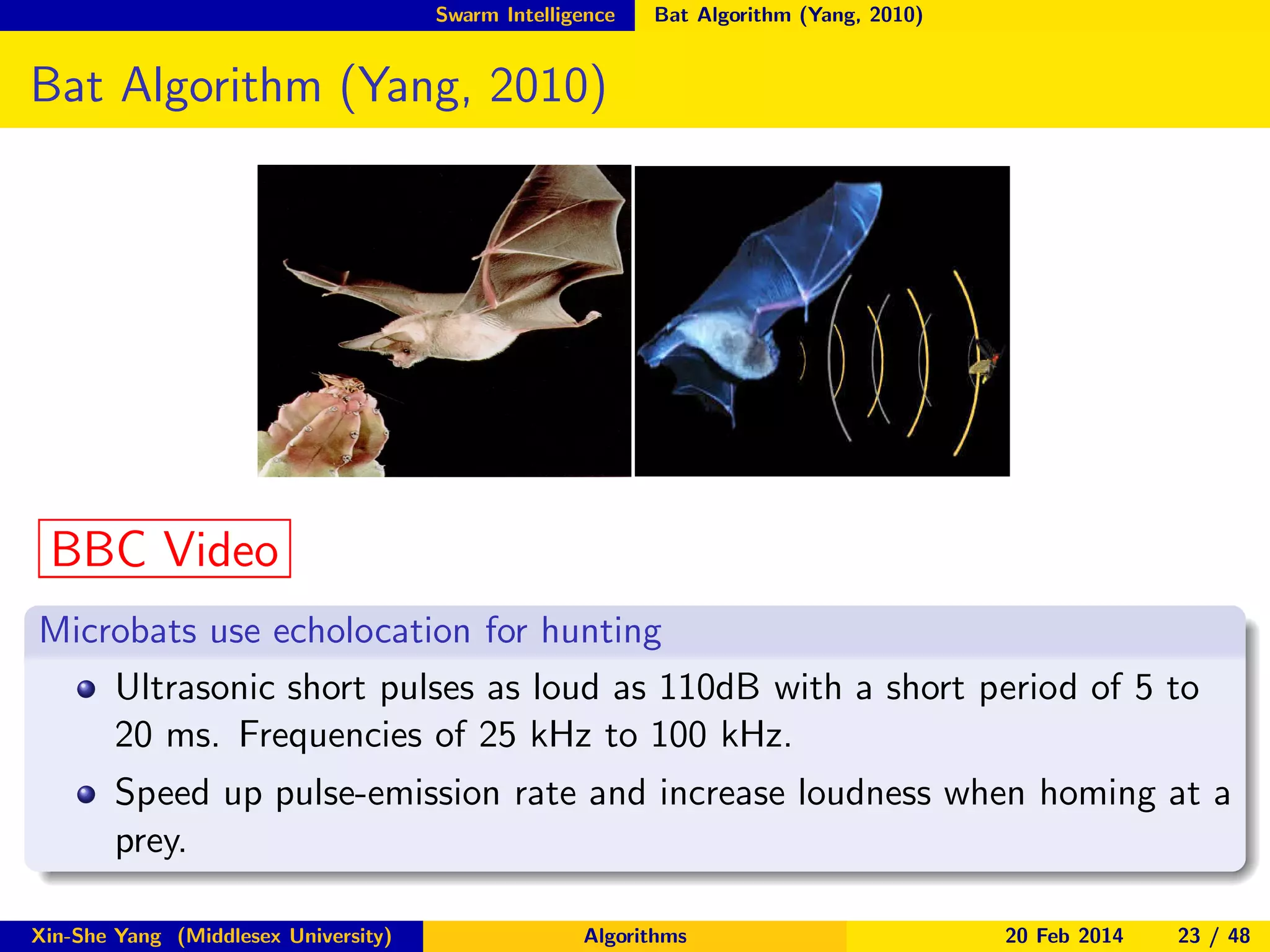 Swarm Intelligence

Bat Algorithm (Yang, 2010)

Bat Algorithm (Yang, 2010)

BBC Video
Microbats use echolocation for hunting
Ultrasonic short pulses as loud as 110dB with a short period of 5 to
20 ms. Frequencies of 25 kHz to 100 kHz.
Speed up pulse-emission rate and increase loudness when homing at a
prey.
Xin-She Yang (Middlesex University)

Algorithms

20 Feb 2014

23 / 48

 