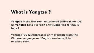 Yangtze is the first semi untethered jailbreak for iOS
12. Yangtze beta 1 version only supported for iOS 12
beta 2.
Yangtze iOS 12 Jailbreak is only available from the
Chinese language and English version will be
released soon.
What is Yangtze ?
 