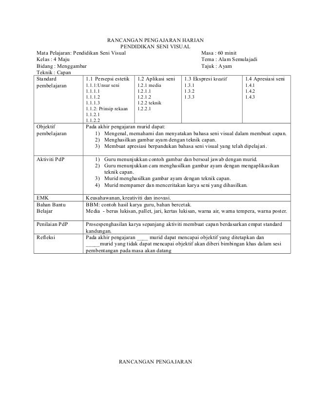Rancangan Pengajaran Harian Kssr Seni Tahun 4