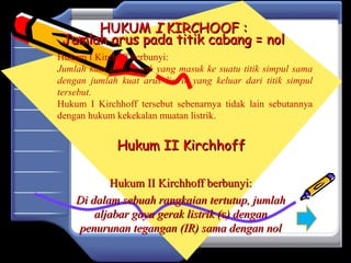 HUKUMHUKUM II KIRCHOOF :KIRCHOOF :
Jumlah arus pada titik cabang = nolJumlah arus pada titik cabang = nol
Hukum II KirchhoffHukum II Kirchhoff
Hukum II Kirchhoff berbunyi:Hukum II Kirchhoff berbunyi:
Di dalam sebuah rangkaian tertutup, jumlahDi dalam sebuah rangkaian tertutup, jumlah
aljabar gaya gerak listrik (aljabar gaya gerak listrik (εε) dengan) dengan
penurunan tegangan (IR) sama dengan nolpenurunan tegangan (IR) sama dengan nol
Hukum I Kirchoff berbunyi:
Jumlah kuat arus listrik yang masuk ke suatu titik simpul sama
dengan jumlah kuat arus listrik yang keluar dari titik simpul
tersebut.
Hukum I Kirchhoff tersebut sebenarnya tidak lain sebutannya
dengan hukum kekekalan muatan listrik.
 