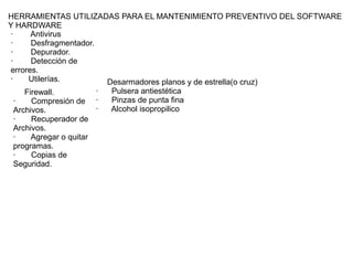 HERRAMIENTAS UTILIZADAS PARA EL MANTENIMIENTO PREVENTIVO DEL SOFTWARE
Y HARDWARE
·
Antivirus
·
Desfragmentador.
·
Depurador.
·
Detección de
errores.
·
Utilerías.
Desarmadores planos y de estrella(o cruz)
·
Pulsera antiestética
Firewall.
Pinzas de punta fina
·
Compresión de ·
·
Alcohol isopropilico
Archivos.
·
Recuperador de
Archivos.
·
Agregar o quitar
programas.
·
Copias de
Seguridad.

 