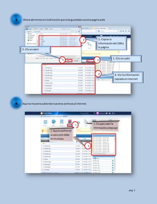 pág. 5
Ahoraabriremosenladirecciónque estaguardadanuestrapaginaweb
Aquí se muestrasubiendonuestrosarchivosal internet.
7
8
2 2.-Copiarla
informacióndel USBa
la página
4 4.-Verlainformación
copiadoeninternet
1
1
1.-Clicensubir
3
3.-Clicenabrir
2
 