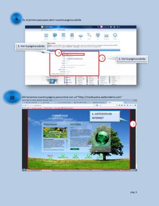 pág. 6
Es el primerpasopara abrir nuestrapaginasubida
Ahí tenemosnuestrapáginaparaentrarcon url”http://medicyaina.webcindario.com”
9
10
1
7
1.-Verlapáginasubida
2.-Verlapáginasubida
2
1
7
1.-LISTOESTA EN
INTERNET
 