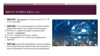 BREVE STORIA DELL’ I.A.
• 1966 -1973: Weizenbaum  è morale creare l’I.A. ? 
ELIZA: psicologo
• 1969 -1986: l’I.A. se prima giungeva a soluzioni tramite
proposizioni logiche, ora si basano sulla conoscenza
 DENDRAL: compito di mappare la struttura delle
molecole – Feigenbaum
 MYCIN: strumento di aiuto per i medici
 Si comprende che l’I.A. è ottima per le applicazioni
industriali
• 1987 –oggi: grazie alla disponibilità di vastissimi database
non serve più realizzare sistemi basati sulla conoscenza o
inserire manualmente i dati necessari per un programma
 