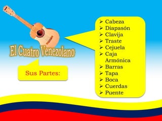 Sus Partes:
 Cabeza
 Diapasón
 Clavija
 Traste
 Cejuela
 Caja
Armónica
 Barras
 Tapa
 Boca
 Cuerdas
 Puente
 