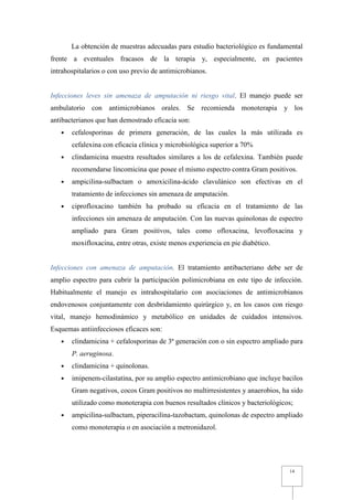 La obtención de muestras adecuadas para estudio bacteriológico es fundamental
frente a eventuales fracasos de la terapia y, especialmente, en pacientes
intrahospitalarios o con uso previo de antimicrobianos.


Infecciones leves sin amenaza de amputación ni riesgo vital. El manejo puede ser
ambulatorio con antimicrobianos orales. Se recomienda monoterapia y los
antibacterianos que han demostrado eficacia son:
   •   cefalosporinas de primera generación, de las cuales la más utilizada es
       cefalexina con eficacia clínica y microbiológica superior a 70%
   •   clindamicina muestra resultados similares a los de cefalexina. También puede
       recomendarse lincomicina que posee el mismo espectro contra Gram positivos.
   •   ampicilina-sulbactam o amoxicilina-ácido clavulánico son efectivas en el
       tratamiento de infecciones sin amenaza de amputación.
   •   ciprofloxacino también ha probado su eficacia en el tratamiento de las
       infecciones sin amenaza de amputación. Con las nuevas quinolonas de espectro
       ampliado para Gram positivos, tales como ofloxacina, levofloxacina y
       moxifloxacina, entre otras, existe menos experiencia en pie diabético.


Infecciones con amenaza de amputación. El tratamiento antibacteriano debe ser de
amplio espectro para cubrir la participación polimicrobiana en este tipo de infección.
Habitualmente el manejo es intrahospitalario con asociaciones de antimicrobianos
endovenosos conjuntamente con desbridamiento quirúrgico y, en los casos con riesgo
vital, manejo hemodinámico y metabólico en unidades de cuidados intensivos.
Esquemas antiinfecciosos eficaces son:
   •   clindamicina + cefalosporinas de 3ª generación con o sin espectro ampliado para
       P. aeruginosa.
   •   clindamicina + quinolonas.
   •   imipenem-cilastatina, por su amplio espectro antimicrobiano que incluye bacilos
       Gram negativos, cocos Gram positivos no multirresistentes y anaerobios, ha sido
       utilizado como monoterapia con buenos resultados clínicos y bacteriológicos;
   •   ampicilina-sulbactam, piperacilina-tazobactam, quinolonas de espectro ampliado
       como monoterapia o en asociación a metronidazol.




                                                                                 14
 