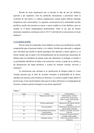 Resulta de suma importancia que se deseche la idea de que pie diabético
equivale a pie isquémico. Esto ha conducido clásicamente a pesimismo sobre la
evolución de una úlcera o a indicar amputaciones cuando podría haberse intentado
terapéuticas más conservadoras. La isquemia, consecuencia de la enfermedad vascular
periférica, puede estar presente en mayor o menor medida en el pie diabético, pero no
siempre es el factor etiopatogénico predominante. Tanto es así, que las úlceras
puramente isquémicas constituyen solo el 10-15 % del total de las ulceraciones en el pie
diabético2.


3. CLASIFICACIÓN
       Para de tratar de comprender al pie diabético se busca una clasificación sencilla,
comprensible para el personal médico y no médico, flexible para adecuarla a cualquier
caso individual que facilite la opción quirúrgica más oportuna y menos agresiva y, al
mismo tiempo, que se ajuste a las recomendaciones de las asociaciones americanas de
diabetes para los estándares de manejo como son: determinar su etiología, su tamaño y
su profundidad, identificar los daños a las estructuras vecinas, el grado de su celulitis y
las fluctuaciones del tejido periférico y evaluar los sistemas vascular, nervioso y
sistémico4.
       La clasificación más utilizada es la clasificación de Wagner (tabla I). Como
ventajas presenta que es fácil de recordar, incorpora la profundidad de la úlcera,
introduce las necrosis como lesiones no ulcerosas y se utiliza el grado 0 para definir al
pie de riesgo. Como inconvenientes tiene que no se hace referencia a la etiopatogenia de
la lesión y tampoco permite distinguir si una úlcera superficial2.


Tabla I 4
              Grado                      Lesión                        Características
                0                  Ninguna, pie de riesgo         Callos gruesos, cabezas
                                                                 metatarsianas prominentes,
                                                               dedos en garra, deformidades
                                                                            óseas.
                I                   Úlceras superficiales     Destrucción del espesor total de
                                                                          la pierna
               II                     Úlcera profunda         Penetra piel, ligamentos pero sin
                                                                  afectar hueso. Infectada
               III              Úlcera profunda más absceso    Extensa y profunda, secreción,
                                       (osteomielitis)                    mal olor.
               IV                    Gangrena limitada         Necrosis de una parte del pie o
                                                                  de dedos, talón, planta.
               V                     Gangrena extensa           Todo el pie afectado, efectos
                                                                         sistémicos.


                                                                                           3
 