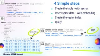 4 Simple steps
■ Create the table - with vector
■ Insert some data - with embedding
■ Create the vector index
■ Query!
CREATE TABLE IF NOT EXISTS myapp.comments (
record_id timeuuid,
id uuid,
commenter text,
comment text,
comment_vector vector<float, 64>,
created_at timestamp,
PRIMARY KEY (id, created_at)
);
INSERT INTO myapp.comments (
record_id,
id,
commenter,
comment,
comment_vector,
created_at
) VALUES (
now(),
uuid(),
'Alice',
'I like vector search in ScyllaDB.',
[0.12, 0.34, 0.56, 0.78, 0.91, 0.15, 0.62, 0.48,
0.22, 0.31, 0.40, 0.67, 0.53, 0.84, 0.19, 0.72,
0.63, 0.54, 0.26, 0.33, 0.11, 0.09, 0.27, 0.41,
0.69, 0.82, 0.57, 0.38, 0.71, 0.46, 0.55, 0.64,
0.17, 0.81, 0.23, 0.95, 0.66, 0.35, 0.44, 0.59,
0.02, 0.75, 0.28, 0.16, 0.92, 0.88, 0.47, 0.13,
0.99, 0.21, 0.32, 0.83, 0.45, 0.04, 0.86, 0.25,
0.36, 0.73, 0.07, 0.61, 0.52, 0.14, 0.68, 0.05],
toTimestamp(now())
);
CREATE CUSTOM INDEX IF NOT EXISTS ann_idx
ON myapp.comments(comment_vector)
USING 'vector_index'
WITH OPTIONS = { 'similarity_function': 'DOT_PRODUCT' };
SELECT id, commenter, comment, created_at
FROM myapp.comments
ORDER BY comment_vector ANN OF [ 0.11, 0.35, 0.56, 0.77, … ]
LIMIT 5;
STEP
04
STEP
03
STEP
02
STEP
01
Embedding
Vector
Index
 