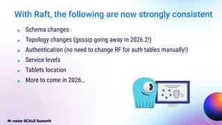 With Raft, the following are now strongly consistent
■ Schema changes
■ Topology changes (gossip going away in 2026.2!)
■ Authentication (no need to change RF for auth tables manually!)
■ Service levels
■ Tablets location
■ More to come in 2026…
 
