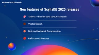 Tablets - the new data layout standard
Vector Search
Disk and Network Compression
Raft-based features
New features of ScyllaDB 2025 releases
 