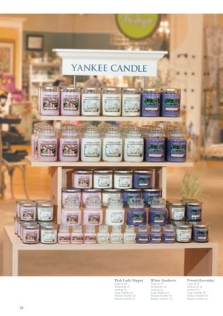 Pink Lady Slipper     White Gardenia         French Lavender
     Large jar (6)         Large jar (9)          Large jar (6)
     Medium Jar (6)        Medium Jar (4)         Medium Jar (6)
     Small jar (6)         Small jar (6)          Small jar (6)
     Large Tumbler (4)     Large Tumbler (6)      Large Tumbler (4)
     Medium Tumbler (6)    Medium Tumbler (6)     Medium Tumbler (6)
     Regular Tumbler (6)   Regular Tumbler (12)   Regular Tumbler (6)


24
 