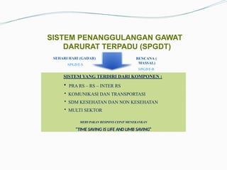 SISTEM YANG TERDIRI DARI KOMPONEN :
• PRA RS – RS – INTER RS
• KOMUNIKASI DAN TRANSPORTASI
• SDM KESEHATAN DAN NON KESEHATAN
• MULTI SEKTOR
MERUPAKAN RESPONS CEPAT MENEKANKAN
“TIME SAVING IS LIFE AND LIMB SAVING”
SEHARI HARI (GADAR)
SPGDT-S
BENCANA (
MASSAL)
SPGDT-B
SISTEM PENANGGULANGAN GAWAT
DARURAT TERPADU (SPGDT)
 