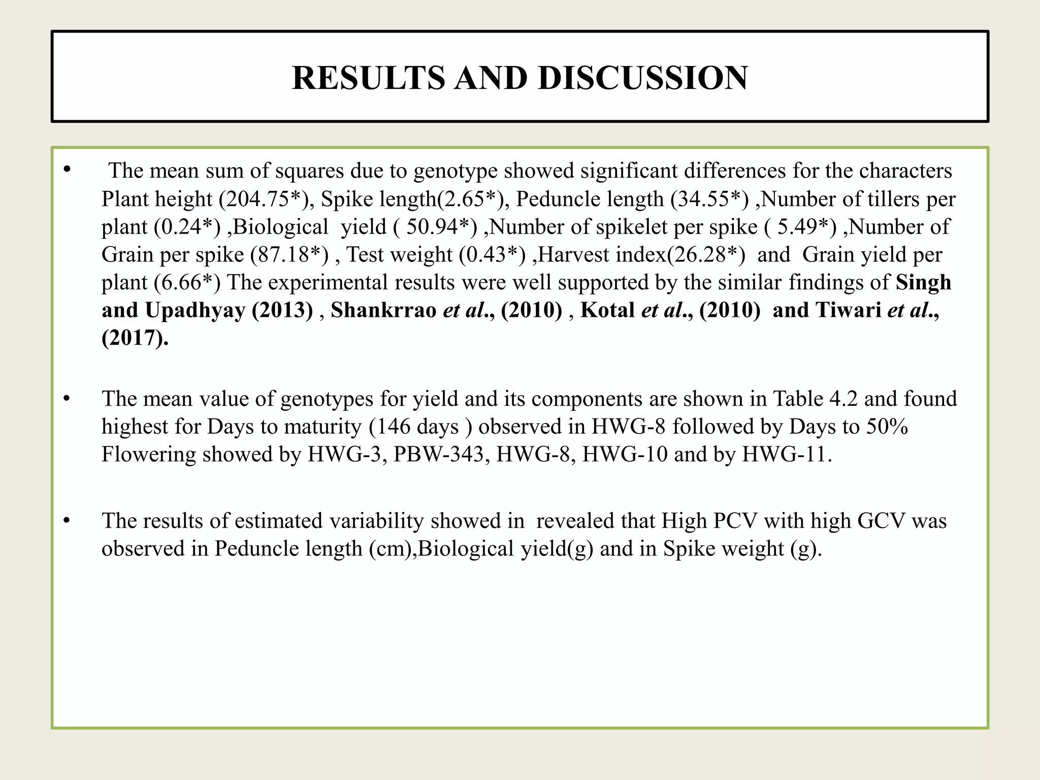 RESULTS AND DISCUSSION
• The mean sum of squares due to genotype showed significant differences for the characters
Plant height (204.75*), Spike length(2.65*), Peduncle length (34.55*) ,Number of tillers per
plant (0.24*) ,Biological yield ( 50.94*) ,Number of spikelet per spike ( 5.49*) ,Number of
Grain per spike (87.18*) , Test weight (0.43*) ,Harvest index(26.28*) and Grain yield per
plant (6.66*) The experimental results were well supported by the similar findings of Singh
and Upadhyay (2013) , Shankrrao et al., (2010) , Kotal et al., (2010) and Tiwari et al.,
(2017).
• The mean value of genotypes for yield and its components are shown in Table 4.2 and found
highest for Days to maturity (146 days ) observed in HWG-8 followed by Days to 50%
Flowering showed by HWG-3, PBW-343, HWG-8, HWG-10 and by HWG-11.
• The results of estimated variability showed in revealed that High PCV with high GCV was
observed in Peduncle length (cm),Biological yield(g) and in Spike weight (g).
 