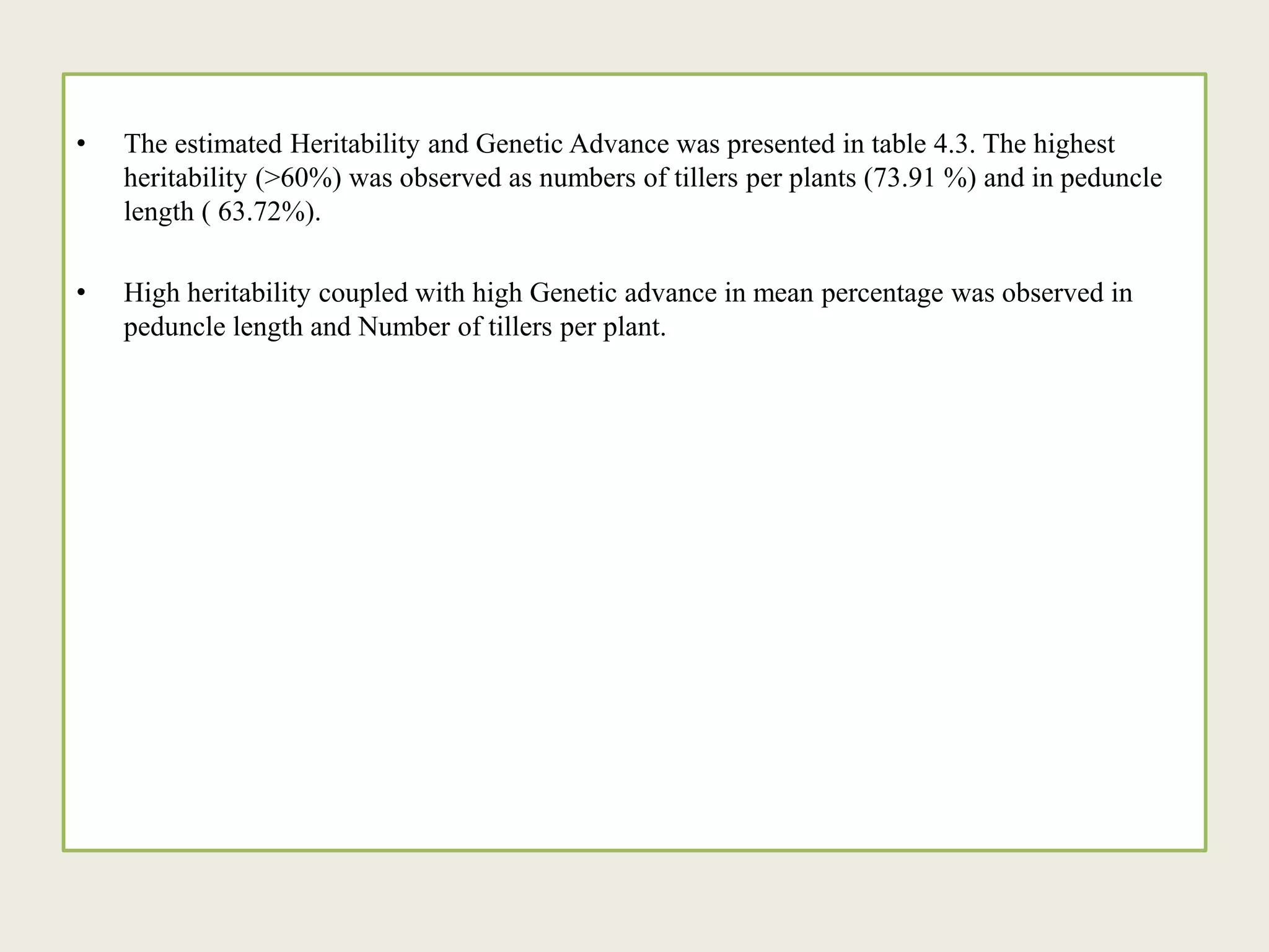 • The estimated Heritability and Genetic Advance was presented in table 4.3. The highest
heritability (>60%) was observed as numbers of tillers per plants (73.91 %) and in peduncle
length ( 63.72%).
• High heritability coupled with high Genetic advance in mean percentage was observed in
peduncle length and Number of tillers per plant.
 