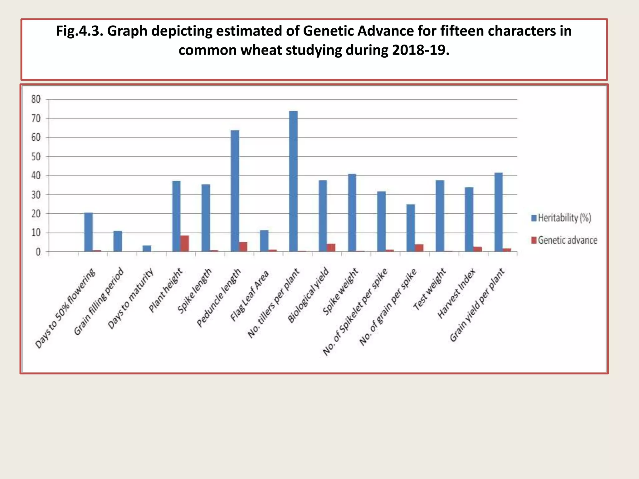 Fig.4.3. Graph depicting estimated of Genetic Advance for fifteen characters in
common wheat studying during 2018-19.
 