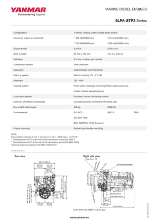 EN_DS6LPA-STP2_1213
www.yanmar.eu
MARINE DIESEL ENGINES
6LPA-STP2 Series
Configuration	 4-stroke, vertical, water-cooled diesel engine
Maximum output at crankshaft	 * 232 kW@3800 rpm	 [315 mhp@3800 rpm]
	 ** 220 kW@3800 rpm	 [299 mhp@3800 rpm]
Displacement	 4.164 ltr	 [254 cu in]
Bore x stroke	 94 mm x 100 mm	 [3.7 in x 3.94 in]
Cylinders	 6 in line, 4-valves per cylinder
Combustion system	 Direct injection
Aspiration	 Turbocharged with intercooler
Starting system	 Electric starting 12V - 2.5 kW
Alternator	 12V - 80A
Cooling system	 Fresh water cooling by centrifugal fresh water pump and
	 rubber impeller seawater pump
Lubrication system	 Enclosed, forced lubricating system
Direction of rotation [crankshaft]	 Counterclockwise viewed from flywheel side
Dry weight without gear	 408 kg	 [899 lbs]
Environmental	 EU: RCD	 BSO II	 EMC
	 US: EPA Tier2
	 IMO: MARPOL 73/78 Annex VI
Engine mounting	 Rubber type flexible mounting
NOTE:
Fuel condition: Density at 15°C = 0.84 g/cm³; 1 kW = 1.3596 mhp = 1.3410 HP
*	 Fuel temperature 25°C at the inlet of the fuel injection pump [ISO 3046-1]
**	Fuel temperature 40°C at the inlet of the fuel injection pump [ISO 8665: 2006]
Technical data is according to ISO 8665: 2006/3046-1
Dimensions
MARINE DIESEL ENGINES
6LPA-STP2 / KMH50A marine gear
www.yanmarmarine.com
6LPA-STP2 Series
Configuration 4-stroke, vertical, water cooled diesel engine
Maximum output at crankshaft * 232 kW (315 mhp) / 3800 rpm
** 225 kW (306 mhp) / 3800 rpm
Continuous rating output at crankshaft 211 kW (286.4 mhp) / 3682 rpm
Displacement 4.164 L (254 cu in)
Bore x stroke 94 mm x 100 mm (3.70 in x 3.94 in)
Cylinders 6 in line cylinders, 4-valves per cylinder
Combustion system Direct injection
Aspiration Turbocharged with intercooler
Starting system Electrical starting 12 V - 2.5 kW
Alternator 12 V - 80 A
Cooling system Fresh water cooling by centrifugal fresh water pump and rubber impeller seawater pump
Lubrication system Enclosed, forced lubricating system
Direction of rotation (crankshaft) Counter clockwise viewed from flywheel side
Dry weight without gear 408 kg (899 lbs)
Environmental EU RCD, US EPA Tier2, BSO II, EMC & Marpol 73/78 Annex VI
Engine mounting Rubber type flexible mounting
NOTE: Fuel condition: Density at 15°C = 0.86 g/cm 3; 1kW = 1.3596 mhp = 1.3410 HP
* Fuel temperature 25°C at the inlet of the fuel injection pump (ISO 3046-1)
**Fuel temperature 40°C at the inlet of the fuel injection pump (ISO 8665)
Technical data is according to ISO 8665 / 3046
Dimensions (For detailed line-drawings, please refer to our web-site: www.yanmarmarine.com)
321 mm
(12.6 in)
260 mm
(10.2 in)
MIN.138mm(5.4in)
MAX.148mm(5.8in)
739mm(29.1in)
237mm
(9.3in)502mm(19.8in)
287 mm
(11,3 in)
287 mm
(11,3 in)
32mm
(1.3in)
47mm
(1.9in)
345 mm
(13.6 in)
666 mm (26.2 in)
riser mixing elbow (option)
mixing elbow o 102
748.4 mm (29.5 in)
132mm
(5.2in)
389mm(15.3in)
497.1mm(19.6in)
15ºmm(0.6in)
55ºmm(2.2in)
328.2 mm
(12.9 in)
248.1 mm
(9.8 in)
98.8 mm (3.9 in)
333mm(13.1in)
131mm
(5.2in)
8ºmm(0.3in)
1220 mm (48 in)
Rear view Right side view
6LPA-STP2 with KM2P-1 marine gear
 