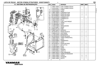 ITEM
LISTA DE PEÇAS - MOTOR 4TNE88 (P/TRATORES 1055DT/2060XT)
1055DTCÓDIGO DESCRIÇÃO 2060XT
FV-043-00
14
12 - SISTEMA DE REFRIGERAÇÃO
12
1 129001-42003 CONJ. BOMBA D’ÁGUA 1
1 129150-42001 CONJ. BOMBA D’ÁGUA 1
15 129150-42320 O’RING 1 1
19 129100-42020 JUNTA 1 1
20 129051-49300 CONEXÃO PT3/8" 1 1
21 26106-080552 PARAFUSO 8X55 3 3
22 26106-080602 PARAFUSO 8X60 1 1
23 25132-003700 CORREIA A-37 1
23 124722-42290 CORREIA A-37 1
25 129403-42380 POLIA 1 1
27 121468-44510 CONJ. SUB TANQUE 1 1
29 121450-44531 TAMPA 1 1
30 121468-44540 PLUG 1 1
31 124450-44560 ABRAÇADEIRA 1 1
32 121470-44581 JUNTA 1 1
33 23065-070130 TUBO 1 1
34 129457-44610 SUPORTE 1 1
36 26106-060102 PARAFUSO 6X10 2 2
37 129556-44740 VENTOINHA 1 1
38 171353-44760 ESPAÇADOR 1 1
39 26106-060352 PARAFUSO 6X35 4 4
40 129350-49530 TAMPA TERMOSTATO 1 1
41 129795-49551 JUNTA 1 1
42 129155-49800 TERMOSTATO 1 1
44 129150-49811 JUNTA 1 1
45 26106-080222 PARAFUSO 8X22 2 2
48 121550-49111 NIPLE PT1/4 1 1
49 121450-42450 PLUG 1 1
50 124465-44950 JUNTA 1 1
51 124250-49351 SENSOR 1 1
52 129150-49360 JUNTA 10 1 1
54 129457-44510 CONJ. RADIADOR 1 1
55 129107-44540 TAMPA DO RADIADOR 1 1
58 129457-44600 PORCA 8 8
60 129457-44580 VEDADOR 2 2
61 129457-44560 DUCTO 1 1
 