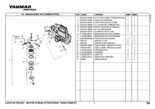 ITEM
LISTA DE PEÇAS - MOTOR 4TNE88 (P/TRATORES 1055DT/2060XT)
FV-043-00
CÓDIGO DESCRIÇÃO 1055DT 2060XT
21
8
13
14
15
1516
Tanque
1
2
3
4
5
5
6
5
7
8
9
10
11
12
13 13
16 - MANGUEIRA DE COMBUSTÍVEL
16
1 BTD33T.55500 KIT FILTRO COMB. TORNEIRA/TUBO 1 1
2 BTD33T.55302 CONJ. DA TORNEIRA 1 1
3 BTD33T.55361 COPO P/FILTRO DE COMB. 1 1
4 BTD33T.55600 CJ. FILTRO DE COMBUSTÍVEL 1 1
5 BTD33T.55680 KIT DE VEDAÇÃO (5 JUNTAS) 1 1
6 BTD33T.55690 KIT DE DRENAGEM 1 1
7 BTD33T.55701 ELEMENTO DO FILTRO 1 1
8 171058-59010 MANGUEIRA (FILTRO-BOMBA) 1
8 121459-59090 MANGUEIRA (FILTRO BOMBA) 1
9 HB10X35X8,8Z PARAFUSO SEXTAVADO 2 2
10 PW10Z ARRUELA LISA 2 2
11 SW10Z ARRUELA DE PRESSÃO 2 2
12 BTD33T.59060 TUBO COMB. (TANQUE-FILTRO) 1
12 YB45.04760 TUBO COMB. (TANQUE-FILTRO) 1
13 124766-59050 ABRAÇADEIRA 4 4
14 101304-59020 CONEXÃO 1 1
15 104200-59170 JUNTA 12 2 2
16 103854-39140 PARAFUSO CONEXÃO 1 1
17 A0026 ABRAÇADEIRA 2 2
17
17
 