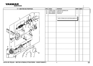 ITEM
LISTA DE PEÇAS - MOTOR 4TNE88 (P/TRATORES 1055DT/2060XT)
FV-043-00
CÓDIGO DESCRIÇÃO 1055DT 2060XT
23
17 - MOTOR DE PARTIDA
17
37 124550-77030 CAPA DE BORRACHA 1 1
38 22217-080000 ARRUELA 8 1 1
39 26756-080002 PORCA 8 1 1
* NÃO FORNECIDO SEPARADAMENTE
*
*
*
 