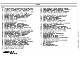 YB40.64770-2a.EDIÇÃO-YB-0-01/96
ÍNDICE
VISTAS EXPLODIDAS - TRATOR MODELO 1030/1040/1050D
ALAVANCA DO ACELERADOR - PEDAL DO ACELERADOR
TANQUE DE COMBUSTÍVEL E SEUS COMPONENTES
EIXO DIANTEIRO - BASE DO MOTOR - SUPORTE DA BATERIA
PINO CENTRAL - SUPORTE DIANTEIRO - BRAÇO MANGA
BARRA DE LIGAÇÃO - CONJUNTO DA RODA DIANTEIRA
CAIXA DIFERENCIAL DIANTEIRO - EIXO PROPULSOR
CAIXA 1º - CUBO CENTRAL - MEDIDOR DE ÓLEO
CAIXA 3º - CUBO 3º - ENGRENAGEM CÔNICA
VOLANTE - CAIXA DE DIREÇÃO
DIREÇÃO HIDROSTÁTICA
BARRA DE DIREÇÃO E SEUS COMPONENTES
UNIDADE HIDROSTÁTICA
CAIXA DA EMBREAGEM - DISCO PLATÔ
EIXO DA EMBREAGEM - PEDAL - DESLIGADOR
CAIXA DE TRANSMISSÃO E SEUS COMPONENTES
EIXO PRINCIPAL E SEUS COMPONENTES
EIXO RÉ - DESLIGADOR - AGITADOR - ENGRENAGENS
EIXO TDF - CATRACA - EIXO SATÉLITE
ALAVANCA MUDANÇA - PRINCIPAL - SECUNDÁRIO - TDF
CAIXA COMANDO DIANTEIRO - ALAVANCA COMANDO
CAIXA DIFERENCIAL TRASEIRO - PINHÃO E CORÔA
CAIXA TRASEIRA - ADAPTADOR DO DIFERENCIAL
TRAVA DO DIFERENCIAL E SEUS COMPONENTES
RODA TRASEIRA - EIXO TRASEIRO - PNEU
FREIO E SEUS COMPONENTES
PEDAL DO FREIO - TRAVA DO FREIO - ESTICADOR
FILTRO DE ÓLEO HIDRÁULICO E SEUS COMPONENTES
CAIXA DO HIDRÁULICO E SEUS COMPONENTES
LEVANTADOR HIDRÁULICO - VIRABREQUIM LEVANTADOR
CABEÇOTE HIDRÁULICOE SEUS COMPONENTES
VÁLVULA DE CONTROLE - CAIXA DE CONTROLE
CONTROLE DO HIDRÁULICO E SEUS COMPONENTES
COMANDO DA VÁLVULA DE CONTROLE
TUBO HIDRÁULICO - FILTRO HIDRÁULICO
BATERIA - CHICOTE - CABO DA BATERIA
--
02
04
10
11
12
13
14
15
16
16
17
18
20
21
23
24
25
26
27
28
30
31
32
33
35
36
40
41
42
43
44
46
47
48
50
SECÇÃO SECÇÃO
51
52
53
54
55
60
61
62
63
64
70
71
72
73
74
--
80
81
82
83
84
86
87
--
--
--
--
--
--
--
--
--
--
--
CHAVE DE PARTIDA - FUSÍVEL - BOTÃO DE PARTIDA
FAROL DIANTEIRO - FAROL DE TRABALHO - LANTERNA
LÂMPADA PILOTO E SEUS COMPONENTES
TRATÔMETRO - BÓIA - MARCADOR DE COMBUSTÍVEL
REGULADOR DE TENSÃO E SEUS COMPONENTES
CAPUZ- GRADE FRONTAL - TELA FRONTAL
PAINEL DE INSTRUMENTOS - SUPORTE DO PAINEL
PARA LAMA - SOLEIRA E SEUS COMPONENTES
ASSENTO E SEUS COMPONENTES
PLACAS DE INSTRUÇÕES - ADESIVOS
BRAÇO SUPERIOR - ESTICADOR
BRAÇO LEVANTADOR E SEUS COMPONENTES
BRAÇO INFERIOR E SEUS COMPONENTES
CONJUNTO DO ESTABILIZADOR E SEUS COMPONENTES
BARRA DE TRAÇÃO - SUPORTE DO ENGATE
ACESSÓRIOS OPCIONAIS
RODA TRASEIRA COMPLETA - DESCOMPRESSÃO
CONTRA PESO FRONTAL - CONTRA PESO TRASEIRO
PROTETOR FAROL - PROTETOR FRONTAL - PARA CHOQUE
CONJUNTO DO TETO - ARCO DE SEGURANÇA
PROLONGADOR DO EIXO DIANTEIRO (P/1050D)
KIT FREIO EMBREAGEM 11"
COMANDO DIRECIONAL SIMPLES/DUPLO
TRATORES ESPECIAIS
PÇS P/TRATOR (YB41TB) (4x4H - VÃO ALTO)
PÇS P/TRATOR (TE) (PARREIRA)
PÇS P/TRATOR YB41TF e YB42TF (ARROZEIRO SUPER)
PÇS P/TRATOR (TG) (ARROZEIRO)
PÇS P/TRATORES (TI/TJ) (CAFEEIRO/LARANJEIRO)
PÇS P/TRATOR YB41TK e YB42TK
LISTA DE CONJUNTOS
MOTOR BTD33(T)
PEÇAS P/TRATOR 1055DT
MOTOR 4TNE P/1055DT / 2060XT
*
*
*
*
*
*
*
 