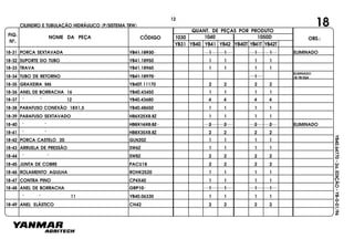 FIG.
Nº.
1050D
YB40T YB41T YB42T
1040
YB40
1030
YB41 YB42YB31
NOME DA PEÇA CÓDIGO
QUANT. DE PEÇAS POR PRODUTO
OBS.:
YB40.64770-2a.EDIÇÃO-YB-0-01/96
18CILINDRO E TUBULAÇÃO HIDRÁULICO (P/SISTEMA TRW)
18-31 PORCA SEXTAVADA YB41.18930 1 1 1 1
18-32 SUPORTE DO TUBO YB41.18950 1 1 1 1
ELIMINADO
18-33 TRAVA YB41.18960 1 1 1 1
18-34 TUBO DE RETORNO YB41.18970 1
ELIMINADO
(B)TR/024
18-35 GRAXEIRA M6 YB40T.11170 2 2 2 2
18-36 ANEL DE BORRACHA 16 YB40.43450 1 1 1 1
18-37 " " 12 YB40.43680 4 4 4 4
18-38 PARAFUSO CONEXÃO 18X1,5 YB40.48650 1 1 11
18-39 PARAFUSO SEXTAVADO HB6X25X8.8Z 1 1 1 1
18-40 " " HB8X16X8.8Z 2 2 2 2 ELIMINADO
18-41 " " HB8X35X8.8Z 2 2 2 2
18-42 PORCA CASTELO 20 GLN20Z 1 1 1 1
18-43 ARRUELA DE PRESSÃO SW6Z 1 1 1 1
18-44 " " SW8Z 2 2 2 2
18-45 JUNTA DE COBRE PACU18 2 2 2 2
18-46 ROLAMENTO AGULHA ROHK2520 1 1 1 1
18-47 CONTRA PINO CP4X40 1 1 1 1
18-48 ANEL DE BORRACHA ORP10 1 1 1 1
" " 11 YB40.06330 1 1 1 1
CH42 2 2 2 218-49 ANEL ELÁSTICO
12
 