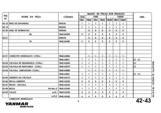 FIG.
Nº.
1050D
YB40T YB41T YB42T
1040
YB40
1030
YB41 YB42YB31
NOME DA PEÇA CÓDIGO
QUANT. DE PEÇAS POR PRODUTO
OBS.:
YB40.64770-2a.EDIÇÃO-YB-0-01/96
42-18 PINO DE EXPANSÃO SP6X26 1 1 1 1 1 1 1
" "42-19 SP6X55 1 1 1 1 1 1 1
42-20 ANEL DE BORRACHA ORG60 2 2 2 2 2 2
" " 60 YB40.06290 2 2 2 2 2 2 2
42-21 " " ORG75 2 2 2 2 2 2
" " 75 YB40.06380 2 2 2 2 2 2 2
43-01 CABEÇOTE HIDRÁULICO (CONJ.) YB40.43050 1 1 1 1 1 1
" " " YB40.43051 1 1 1 1 1 1 1
43-02 VÁLVULA DE SEGURANÇA (CONJ.) YB40.43060 1 1 1 1 1 1 1 LC
LC (A)
43-03 VÁLVULA DE DESCARGA (CONJ.) YB40.43070 1 1 1 1 1 1 1 LC
43-04 VÁLVULA LIMITADORA (CONJ.) YB40.43080 1 1 1 1 1 1
" " " YB40.43081 1 1 1 1 1 1 1 LC (A)
43-05 ASSENTO DA VÁLVULA YB40.43210 1 1 1 1 1 1 1
43-06 TRAVA ASSENTO YB40.43220 2 2 2 2 2 2 2
43-07 PRATO VÁLVULA YB40.43230 1 1 1 1 1 1 1
43-08 MOLA 9d-44c-2 YB40.43240 1 1 1 1 1 1 1
43-09 CALÇO e=0,1 YB40.43250 2 2 2 2 2 2 2
" e=0,2 YB40.43260 4 4 4 4 4 4 4
42-434
CABEÇOTE HIDRÁULICO
 
