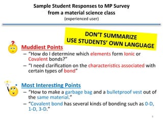 Sample	Student	Responses	to	MP	Survey		
from	a	material	science	class		
(experienced	user)	
•  Muddiest	Points	
–  “How	do	I	determine	which	elements	form	Ionic	or	
Covalent	bonds?”	
–  “I	need	clariﬁca?on	on	the	characteris?cs	associated	with	
certain	types	of	bond”	
•  Most	Interes1ng	Points	
–  “How	to	make	a	garbage	bag	and	a	bulletproof	vest	out	of	
the	same	material.”	
–  “Covalent	bond	has	several	kinds	of	bonding	such	as	0-D,	
1-D,	3-D.”	
8	
DON’T	SUMMARIZE		USE	STUDENTS’	OWN	LANGUAGE	
 