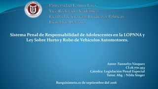 Autor :Yannelys Vásquez
CI:18.770.953
Cátedra: Legislación Penal Especial
Tutor. Abg. : Nilda Singer
Barquisimeto,10 de septiembre del 2016
Sistema Penal de Responsabilidad de Adolescentes en la LOPNNA y
Ley Sobre Hurto y Robo de Vehículos Automotores.
 