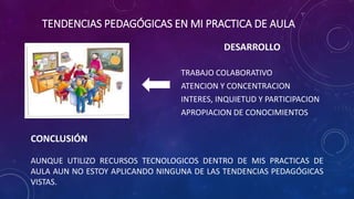 DESARROLLO
TRABAJO COLABORATIVO
ATENCION Y CONCENTRACION
INTERES, INQUIETUD Y PARTICIPACION
APROPIACION DE CONOCIMIENTOS
CONCLUSIÓN
AUNQUE UTILIZO RECURSOS TECNOLOGICOS DENTRO DE MIS PRACTICAS DE
AULA AUN NO ESTOY APLICANDO NINGUNA DE LAS TENDENCIAS PEDAGÓGICAS
VISTAS.
TENDENCIAS PEDAGÓGICAS EN MI PRACTICA DE AULA